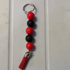 Red and Black Beaded Keychain with Tassel